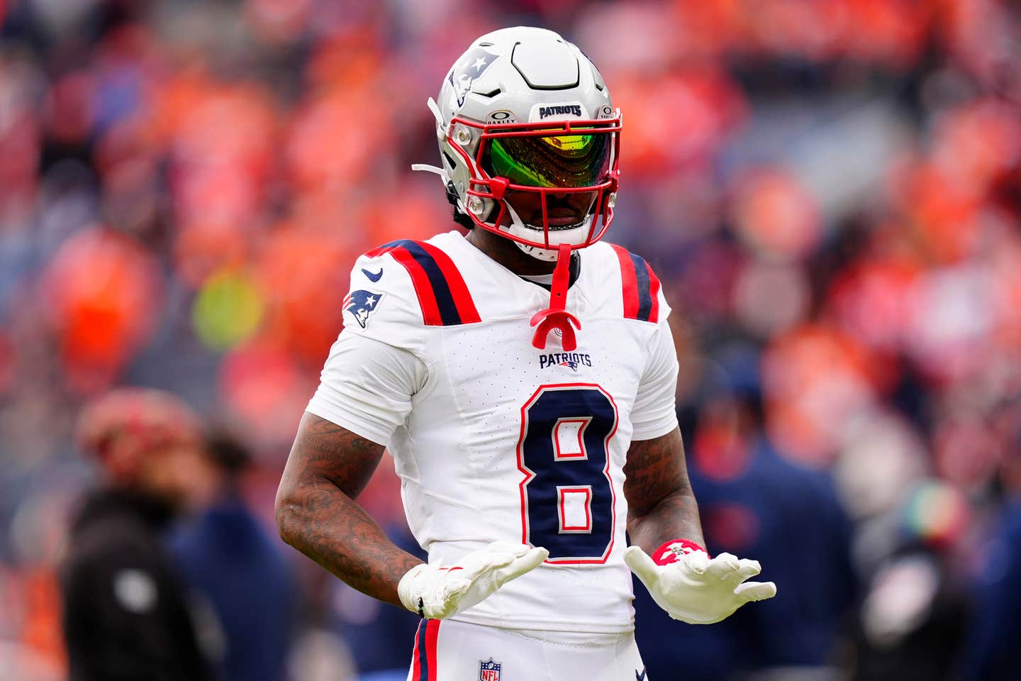 Jan 25, 2026; Denver, CO, USA; New England Patriots wide receiver Stefon Diggs (8) practices before the 2026 AFC Championship Game at Empower Field at Mile High. Mandatory Credit: Ron Chenoy-Imagn Images