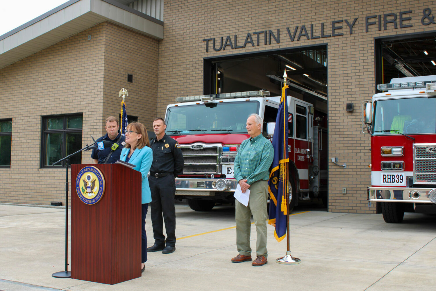 U.S. Rep. Andrea Salinas, D-Oregon, addresses reporters on her new proposal to establish a grant program that would fund $7.5 million a year in nationwide suicide prevention programs, peer support and counseling for first responders and firefighters on August, 17, 2026 at a Tualatin Valley Fire & Rescue station in Lake Oswego. (Courtesy of U.S. Rep. Andrea Salinas)
