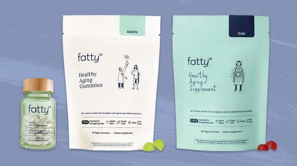 Fatty15 supplements displayed on a blue background.