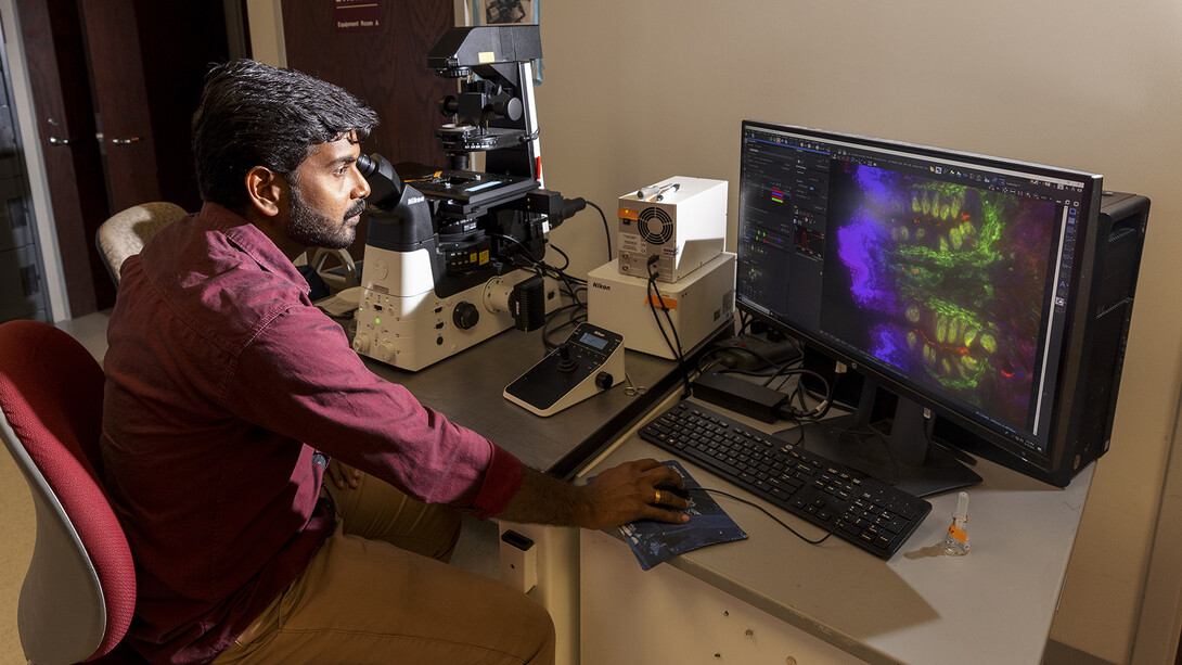 A researcher works inside the Morrison Microscopy Core Research Facility in Beadle Hall.