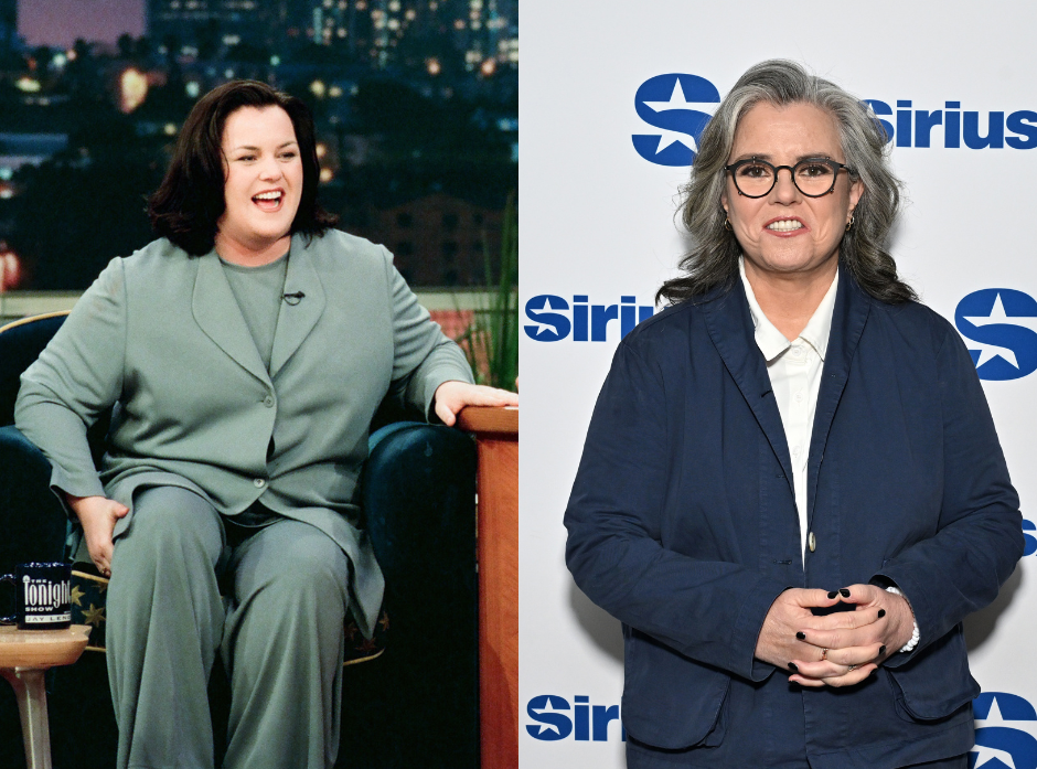 Split image of Rosie O'Donnell. On the left, in 1999. On the right, in 2026.