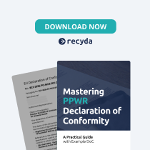 Promotional graphic from Recyda featuring a “Download Now” button and a guidebook titled “Mastering PWR Declaration of Conformity” alongside a document mockup on a gray background
