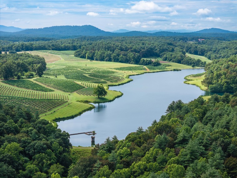 Drone angle view of rolling hills at Biltmore Estate in Asheville, North Carolina with Blue Ridge Mountains, vineyards and lake.