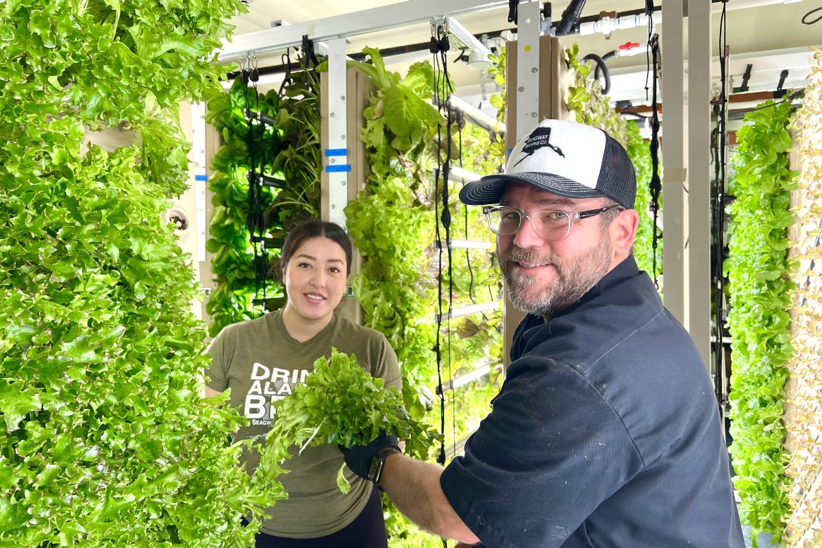 Skagway Brewing Company staff in the aeroponic farm, dubbed the Raven’s Nest. (Photo courtesy of Skagway Brewing Company)