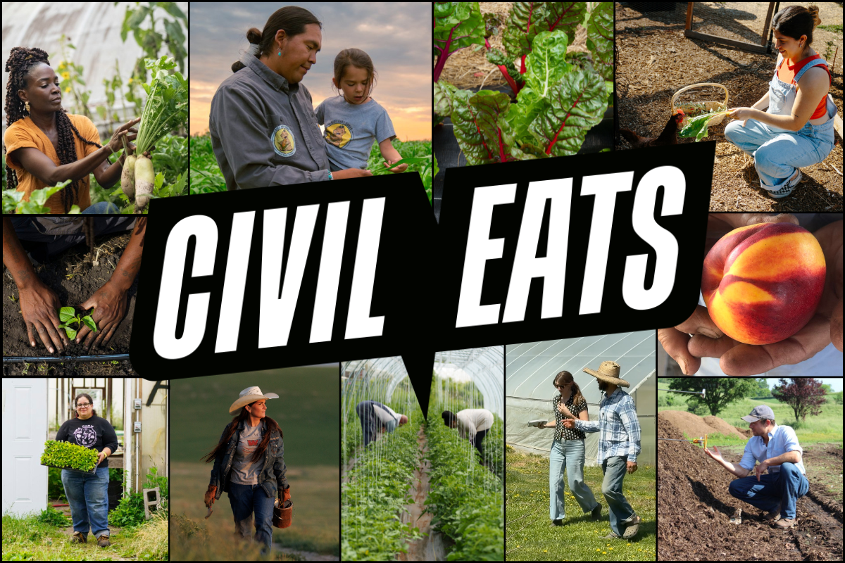 A photo collage of farmers from across the U.S. with the Civil Eats logo at the center.