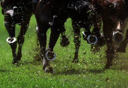 Horses racing across a grass track