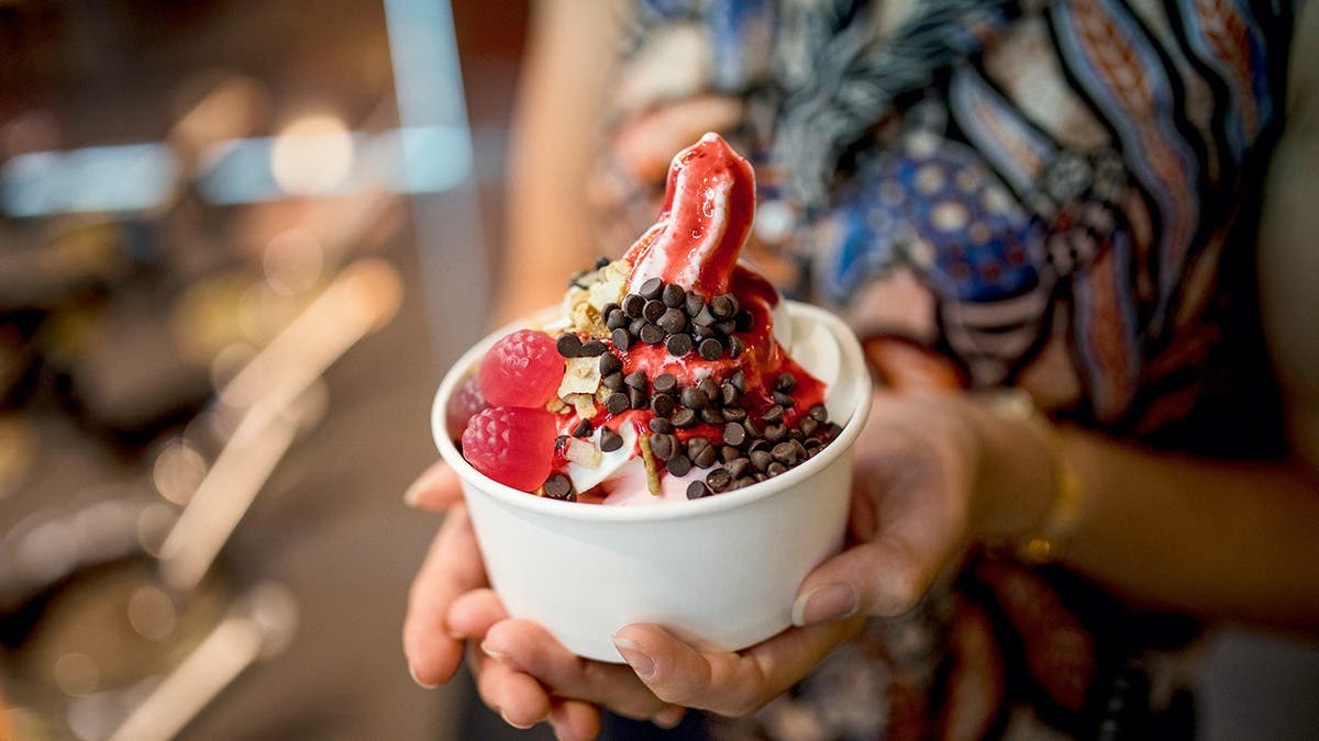 A person holds a dish of frozen yogurt with toppings.