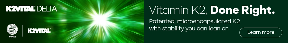 K2VITAL Delta banner promoting patented microencapsulated Vitamin K2, featuring a bright green light burst and “Vitamin K2, Done Right” messaging.
