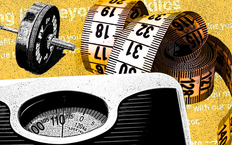 Composite of weight scale and measuring tape.