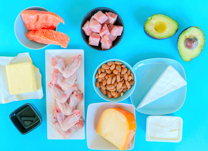 Ketogenic food. Low-carb food including, fish, meat, cheese, nuts, oil and butter. (Photo by WLADIMIR BULGAR/SCIENCE PHOTO LI / WBU / Science Photo Library via AFP)
