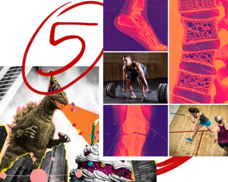 Left: A scribbled number 5 overlays an illustration of Godzilla with a party hat breathing orange on the candles on a birthday cake in a cityscape; Right: three frames of orange and purple duotone X-rays of bones interspersed with a man weightlifting and two women in a gym.