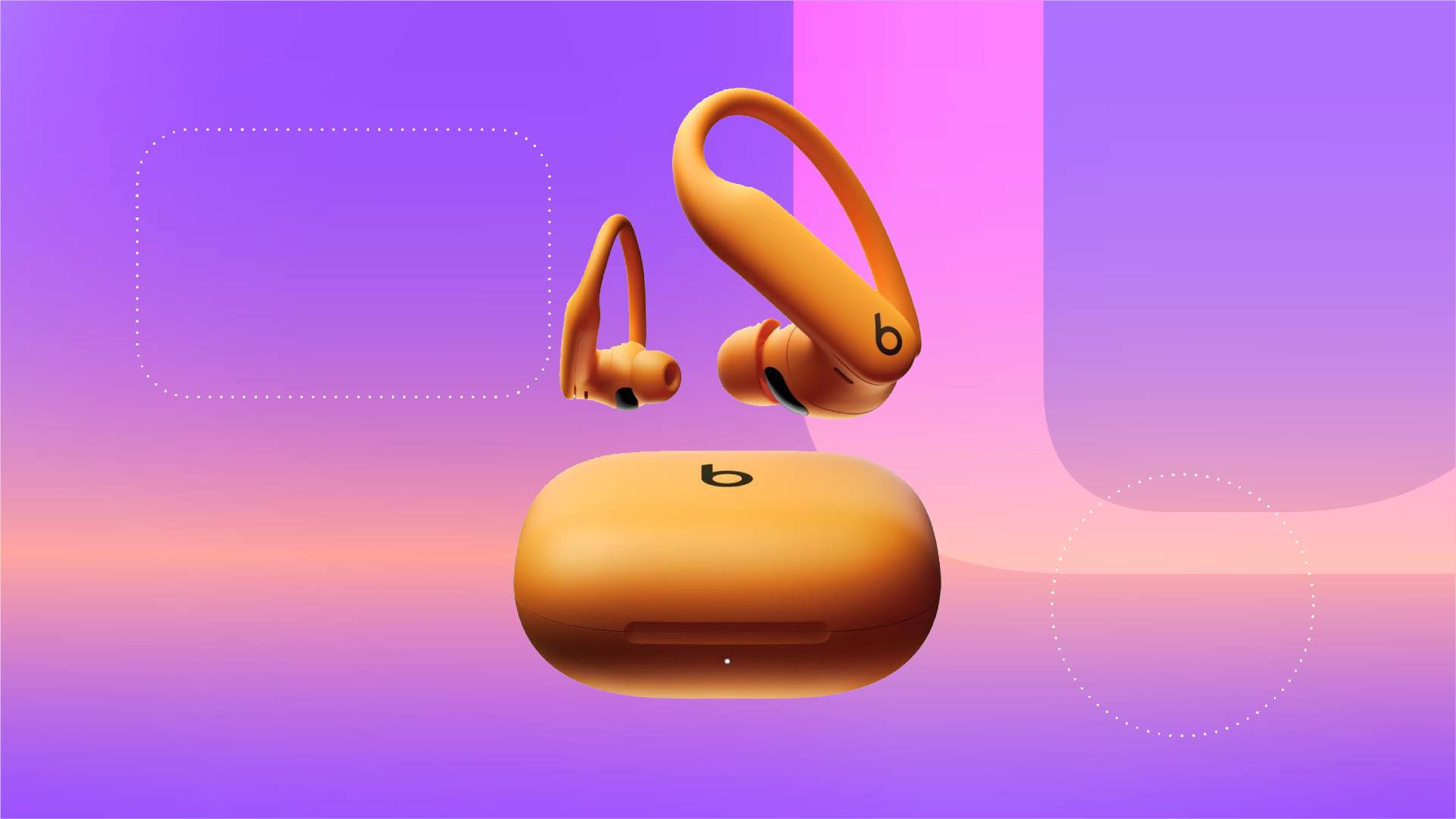 A pair of orange ear-hook earbuds against a purple gradient CNET background.
