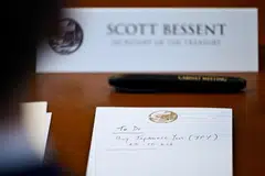 A notepad in front of US Treasury Secretary Scott Bessent with a to-do list indicating US purchases of US$5 billion to US$10 billion worth of yen.