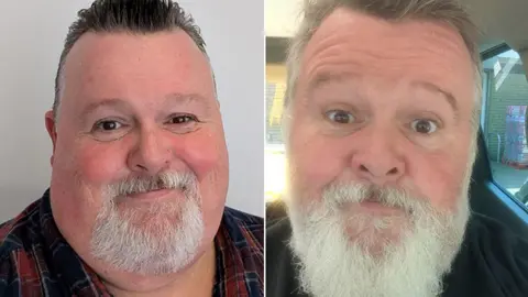 Supplied Two images of the same man side by side. On the left Steffen Peddie, a man in his 50s with a grey goatee beard and slicked back dark hair is smiling. He has a round, chubby face and is large around his neck and shoulders. In the right hand image Steffen is wearing a black t shirt with a yellow printed design on and his face is visibly slimmer. His grey beard is also much longer.