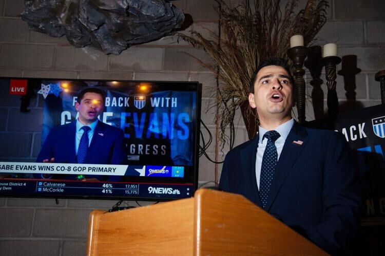 Gabe Evans gives a victory speech after winning Colorado's 8th Congressional District Republican primary while at a watch party in Thornton, Colo. on Tuesday, June 25, 2024. (Tom Hellauer, The Denver Gazette)