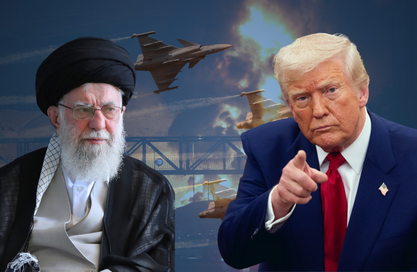 L to R: Iran Ayatollah Ali Khamenei, US President Donald Trump against backdrop of respective flags and missile strikes.