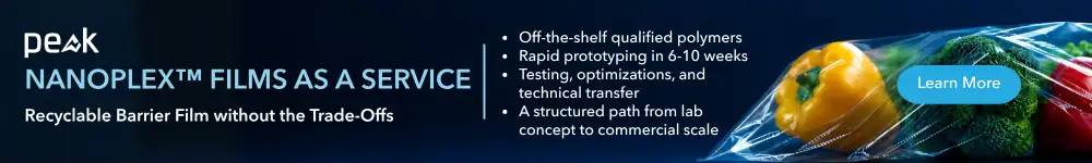 Peak NanoPlex Films as a Service banner promoting recyclable barrier film, rapid prototyping, testing, and scale-up.