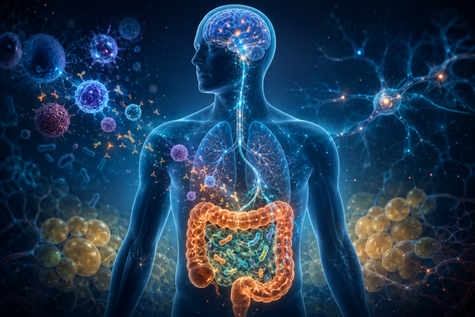 An illustration of the gut–brain–immune axis showing how the gut microbiome affects metabolism, immune responses, and brain function. Generated by generative AI.