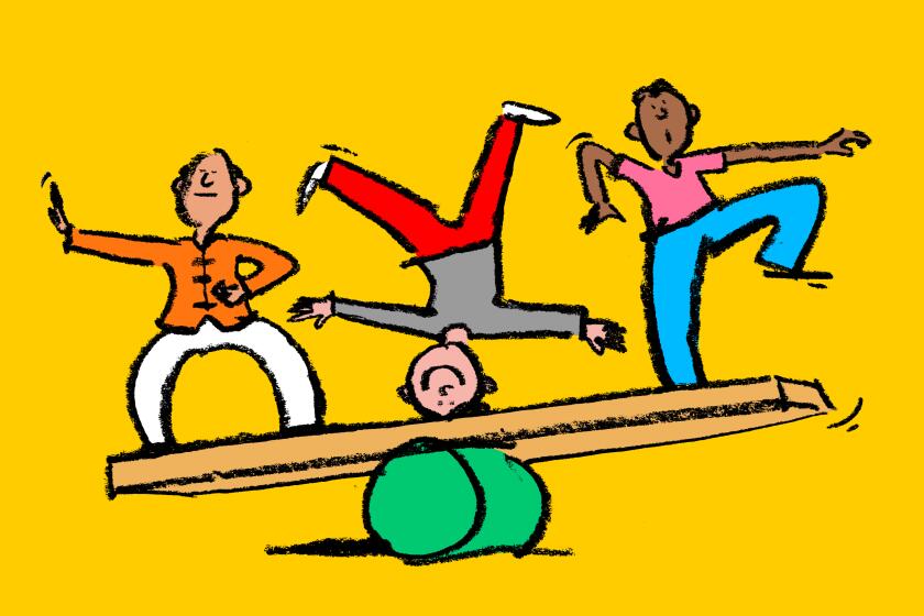 Cartoon illustration of three figures balancing on a board that is balancing on a cylinder.