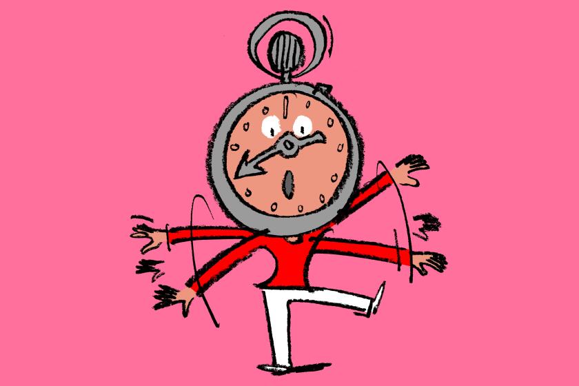 cartoon illustration of a figure balancing on one leg, waving arms, and has a pocketwatch for a head