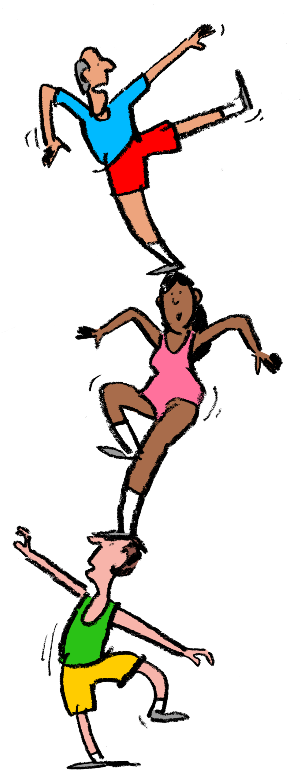 cartoon illustration of three figures balancing atop each other