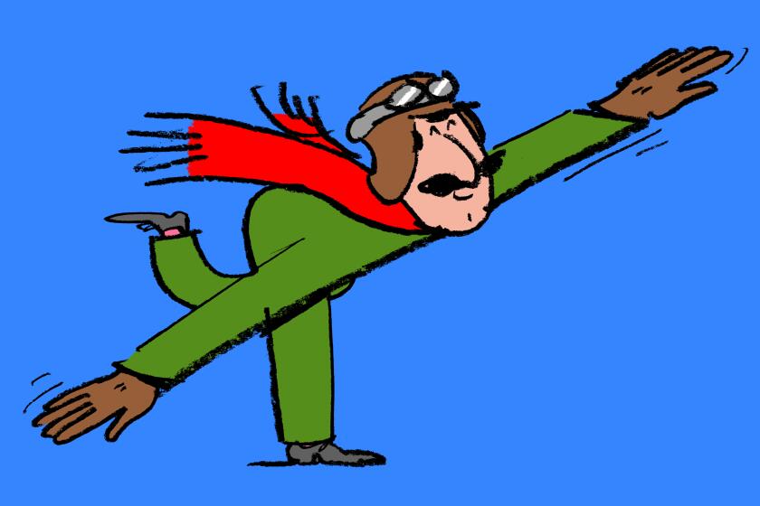 cartoon illustration of an old-timey pilot with a mustache balancing on one leg with arms out in an airplane pose