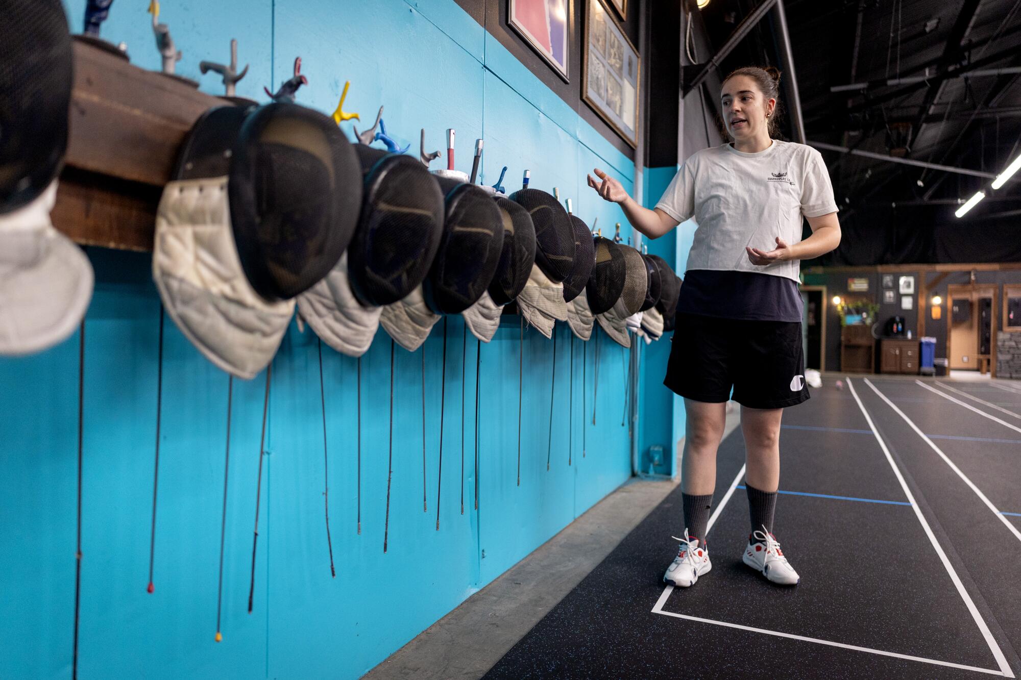 Swordplay LA owner Mary Sola Spohn shows off the studio's gear