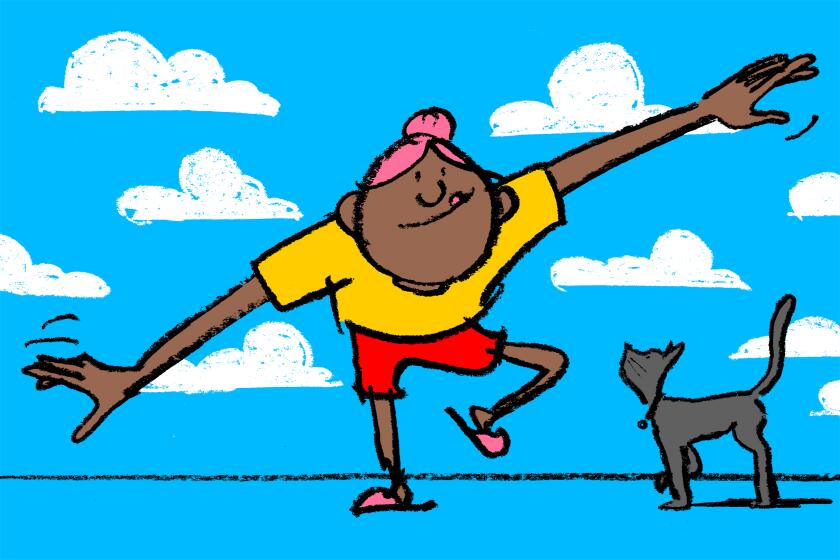 Illustration of a female figure balancing on one leg with arms outstretched below a blue cloudy sky. A gray cat looks on.
