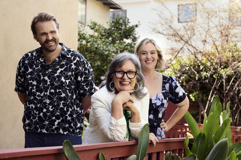 Brentwood, CA - July 24, 2026: John Candy's widow Rosemary, center, and their children Christopher and Jennifer, who backed Colin Hanks' Emmy-nominated documentary about the beloved actor, "I Like Me" in Brentwood, CA on Friday, July 24, 2026. (Christopher Patey / For The Times)