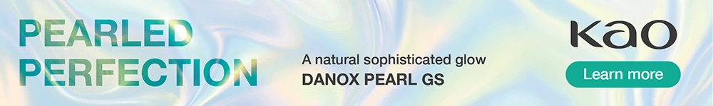Iridescent promotional banner from Kao Chemicals Europe featuring “Pearled Perfection,” advertising Danox Pearl GS with soft pastel swirls and a “Learn more” button