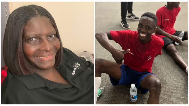 A two-photo collage. On the left is a woman smiling at the camera, and on the right is a young man sitting on the floor, giving a thumbs up, and smiling at the camera.