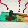 Art sketch 3d image banner collage of hammer courtroom dollar banknote inflation arrow regress verdict jurisprudence collapse.