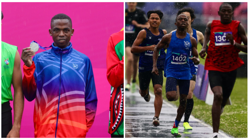 A two photo collage. The photo on the left shows an athlete holding a medal. The photo on the right shows an athlete participating in athletics.