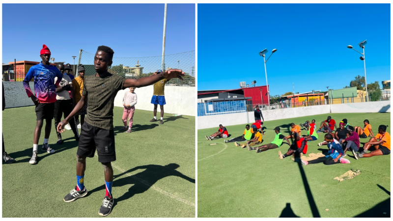 A two-photo collage shows a male athlete leading fitness activites outdoors.