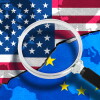 US (UNITED STATES) VS EU (EUROPEAN UNION) - Trade war and politics conflicts concept - Concept with flags painted on cracked wall