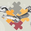Fashionable halftone collage. Concept of partnership, sponsorship,agreement, contract conclusion. Illustration for web banner, social media banner, business presentation, marketing material. Vector illustration