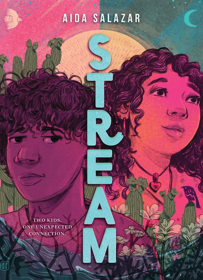 A drawing of two young people in pink-red colors. Both have dark, curly hair.