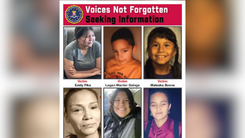 A poster featuring the faces of six unsolved cases the FBI is investigating on or near tribal lands. The poster aims to raise awareness on missing and murdered Indigenous persons cases with rewards offered for information. Top row, from left: Emily Pike, Logan Warrior Goings and Maleeka Boone. Bottom row, from left: Mary Johnson (Davis), Sa'Wade Birdinground and Angel Beach.