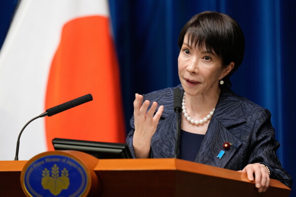 Japan's Prime Minister Sanae Takaichi speaks during a news conference at the prime minister's office in Tokyo, Oct. 21, 2025. (AP Photo/Eugene Hoshiko, Pool, File)