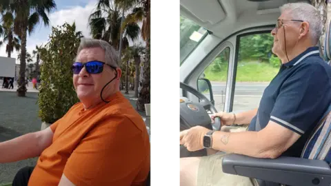 Supplied Two images of Iain. Both show him side on and facing left. In the first he is on holiday in a place with palm trees, although it looks more urban than rural or beach. He has short grey hair with a bit of a quiff and wears black shades with purple lenses. He also has on an orange T-shirt. He is very rotund with large arms and a stomach that overhangs his trouser waist. In the right hand image he is driving what looks like a van of some sort. Pictured from the passenger seat he has glasses on a string, a dark blue polo shirt and khaki shorts. He is noticeably slimmer. Still a unit, but the belly has flattened and the arms are less rotund.
