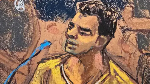Reuters A courtroom sketch of Luigi Mangione during a hearing in his federal murder trial at Manhattan Criminal Court in New York City