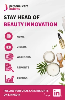 Promotional banner for Personal Care Insights featuring beauty and cosmetic industry resources, including articles, videos, webinars, reports, and trend updates alongside skincare products and natural ingredients