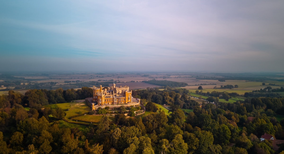 Aerial view of a castle in the enlgish countryside