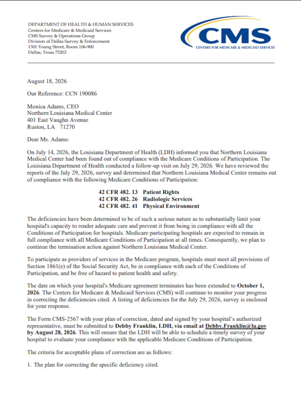 First page of a Aug. 18, 2026 letter from the Centers for Medicare and Medicaid Services to...