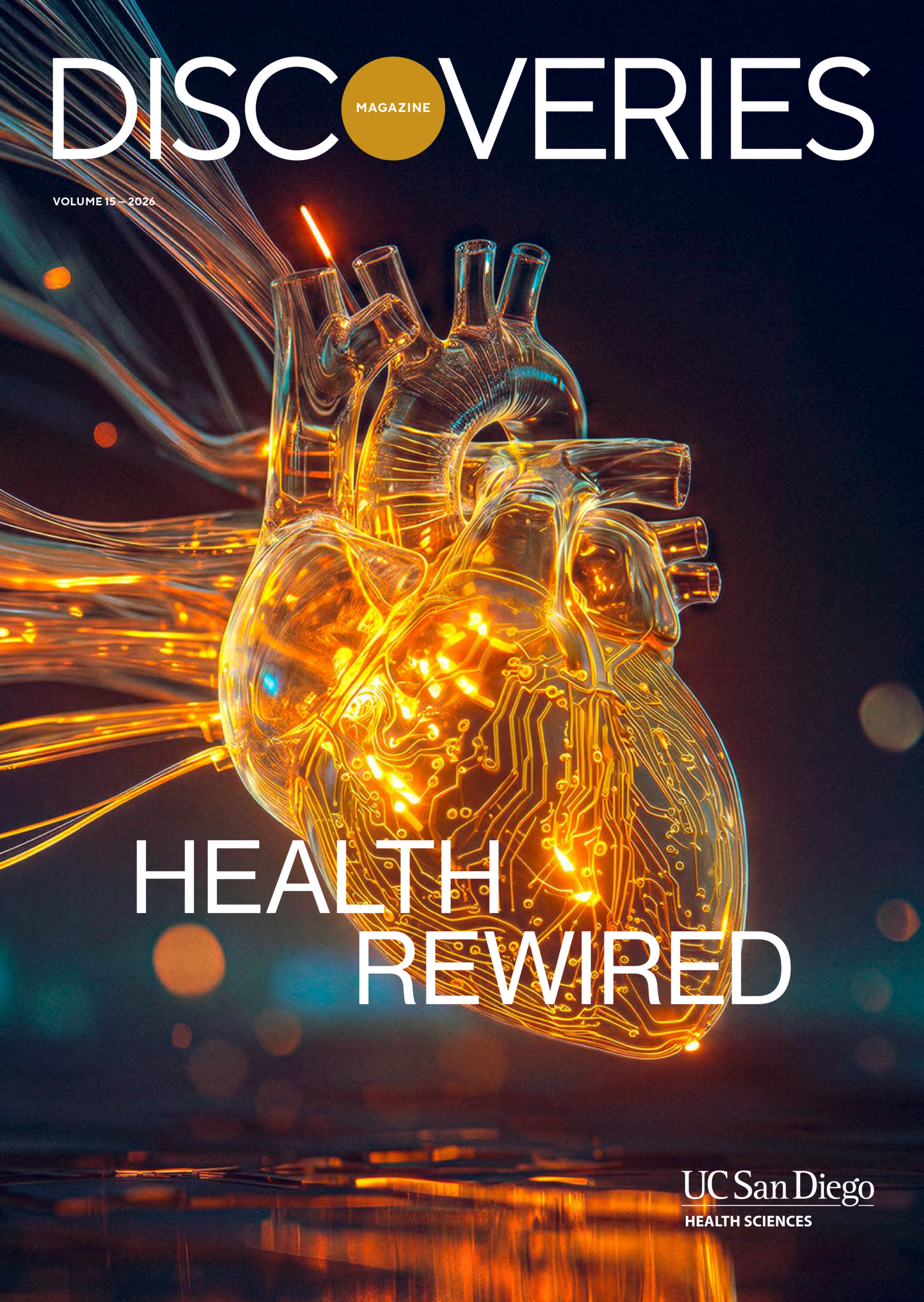 Magazine cover with a glowing heart surrounded by circuit board.