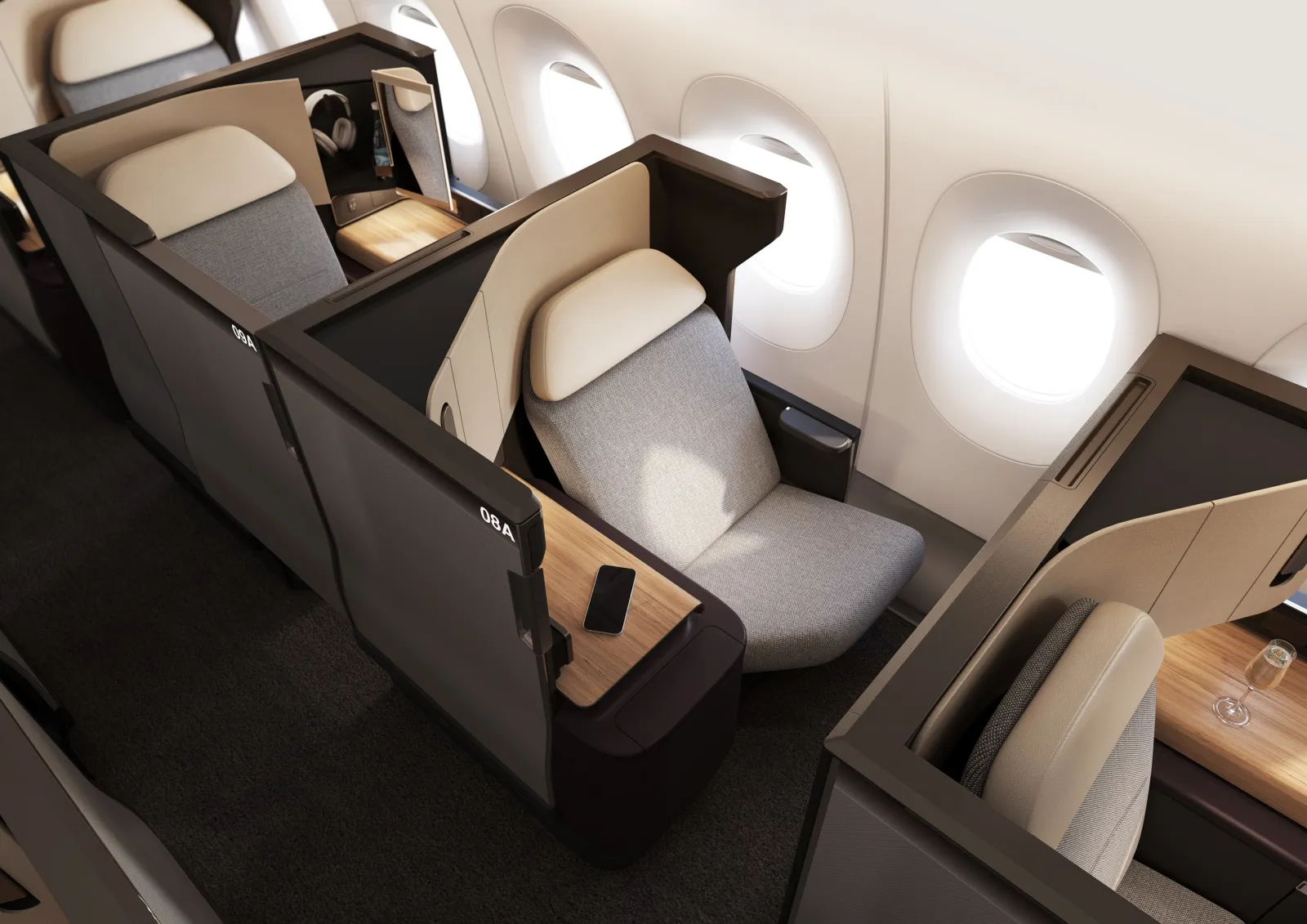A rendering of the business class cabin of Qantas' A350 aircraft.