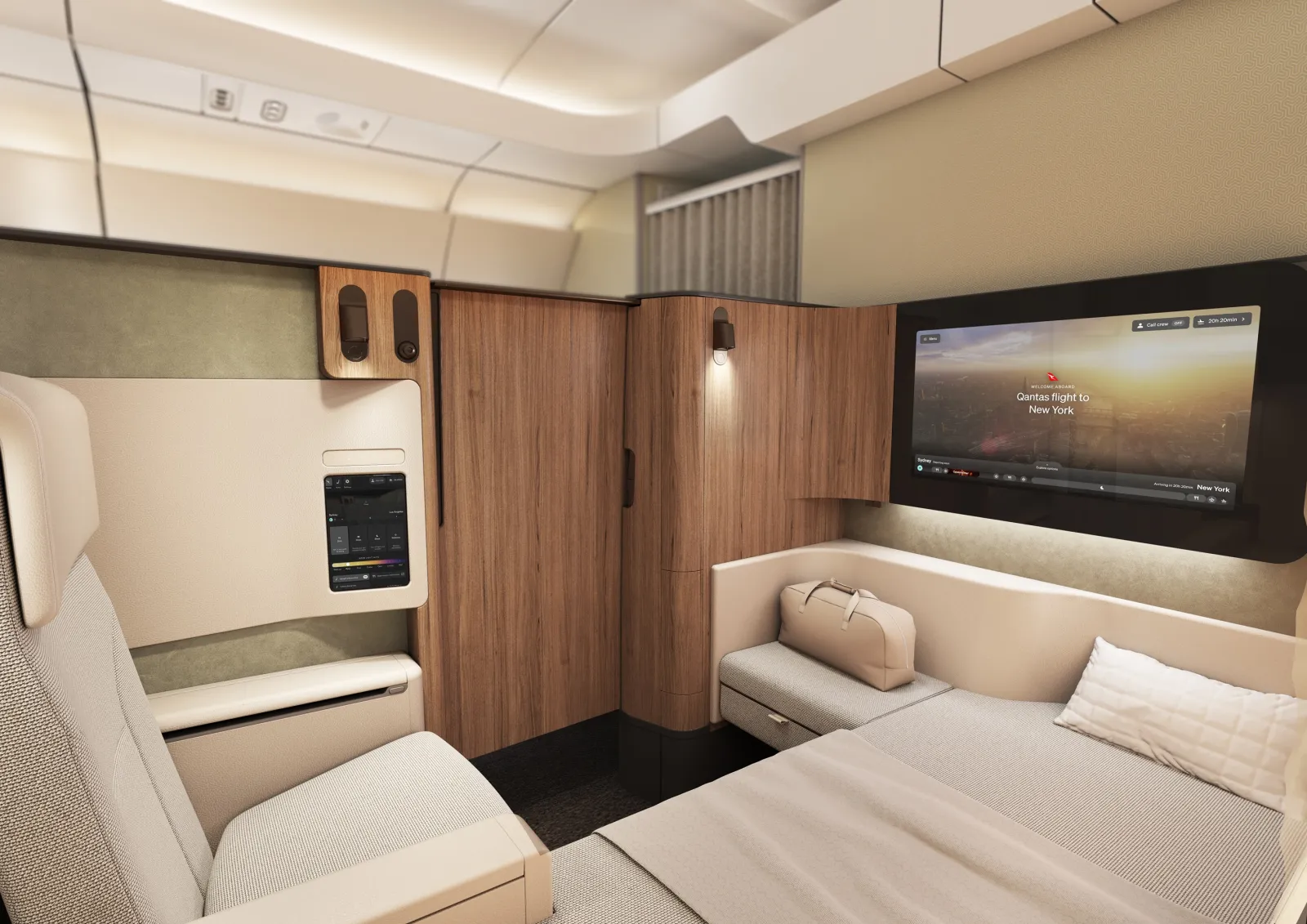 A rendering of the first class suite of Qantas' A350 aircraft.