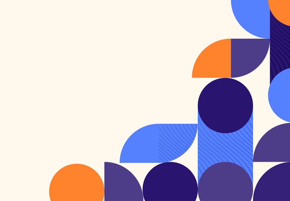 Abstract geometric pattern with overlapping circles and quarter-circles in orange, blue, and navy