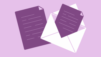 Light purple background, letter and envelope