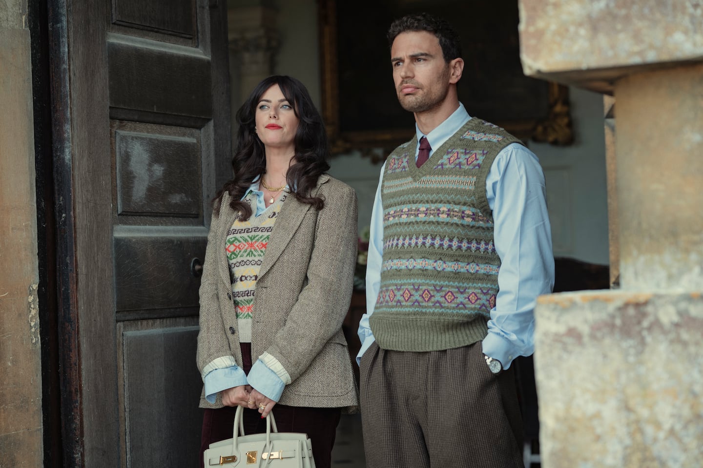 Kaya Scodelario, left, and Theo James in "The Gentlemen."